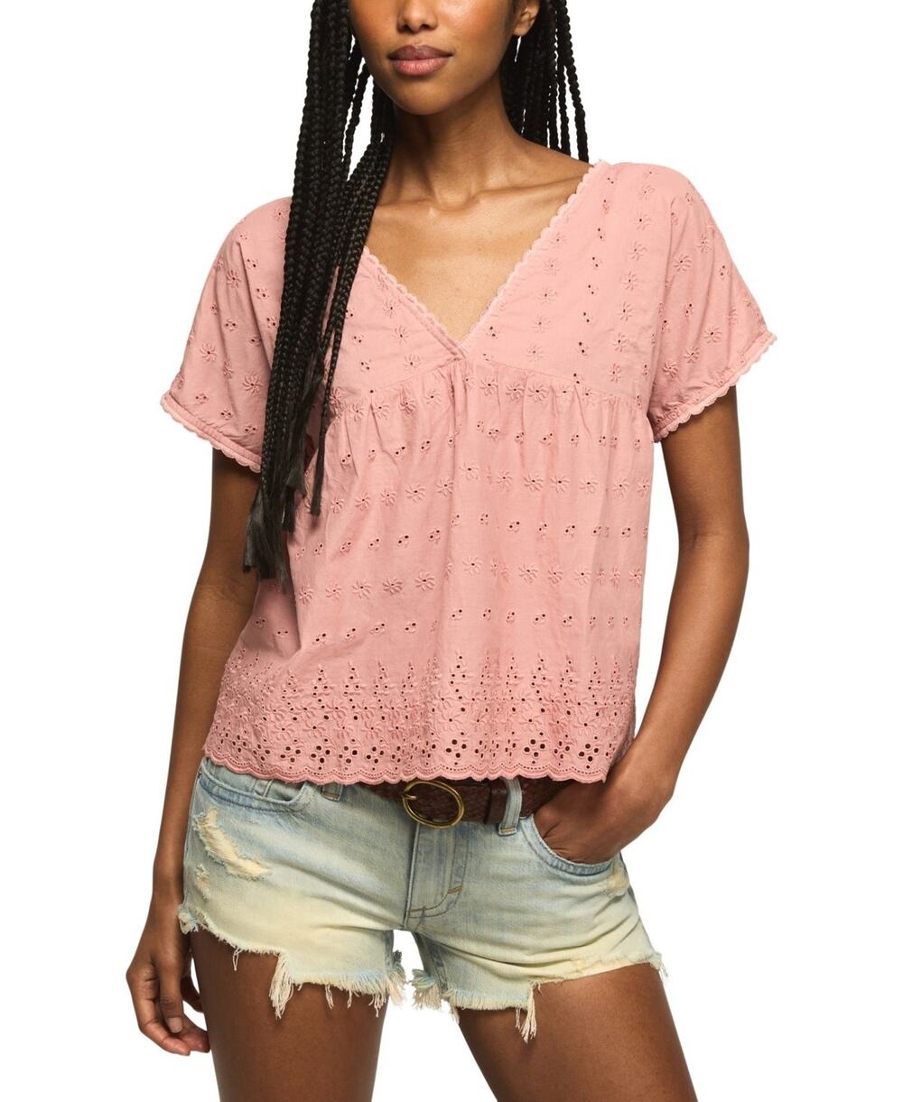 Lucky Brand Women's Eyelet Babydoll V-Neck Top Pink Size XL 4024